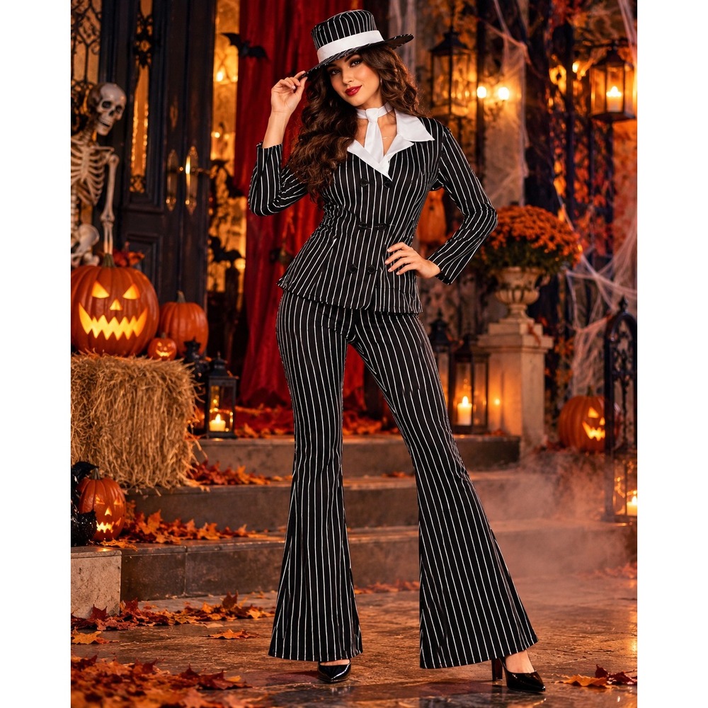 Mob Wife Gangster Womens Large Costume Pinstripe Jacket Pants Hat 4 Piece